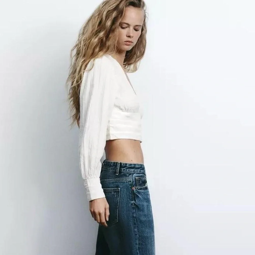 NWT Zara Embroidered Pleated V-neck Blouse in White - M